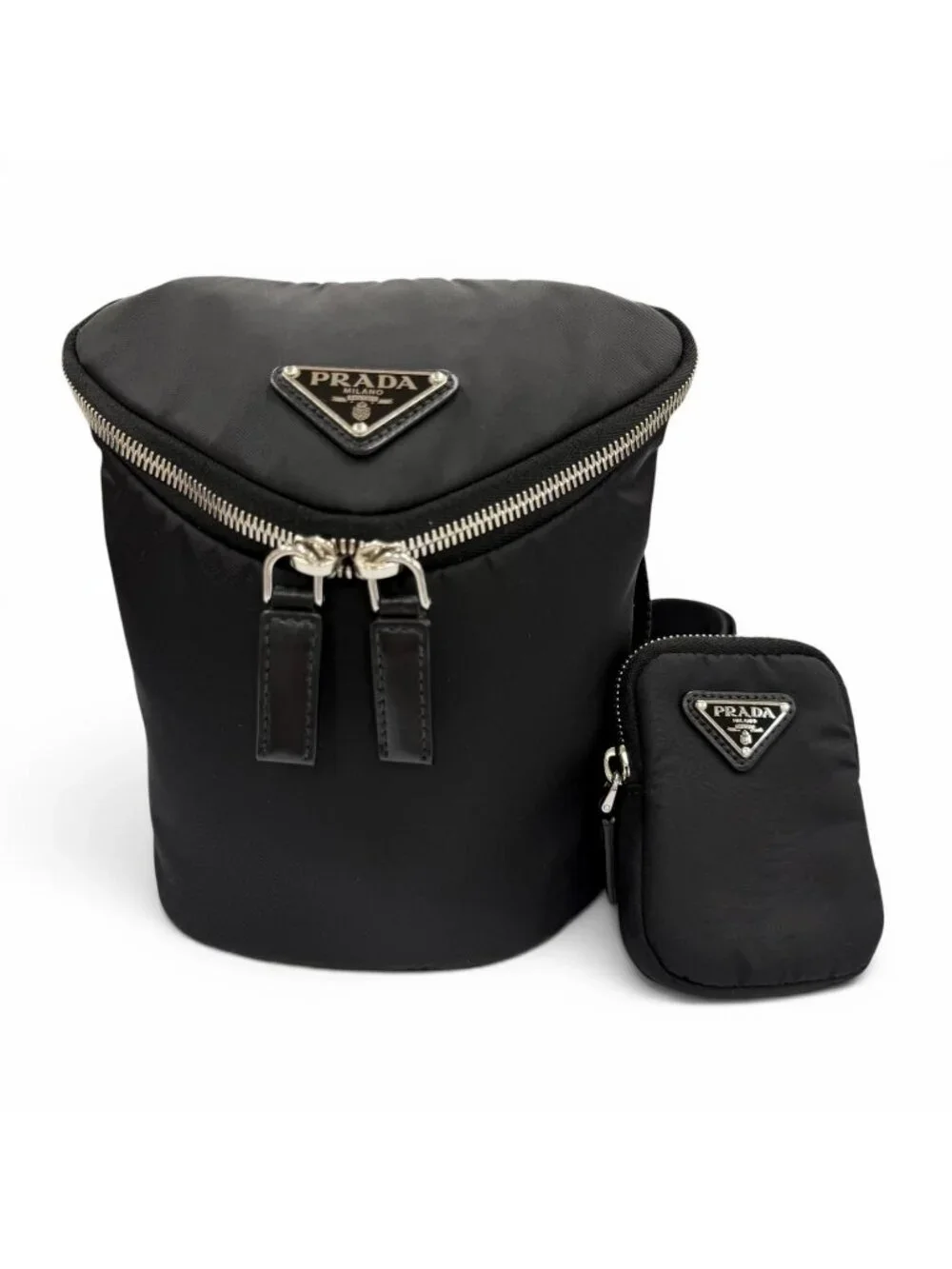 Prada Nylon Leather Re-Nylon Triangle Logo Shoulder Bag Black Silver with Plate